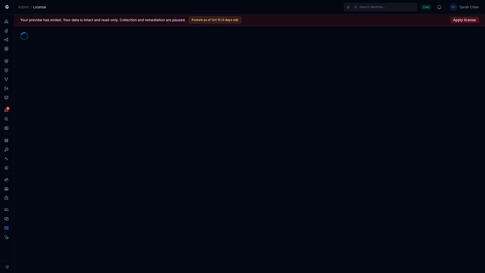 License page with the preview-ended banner and its Apply license button