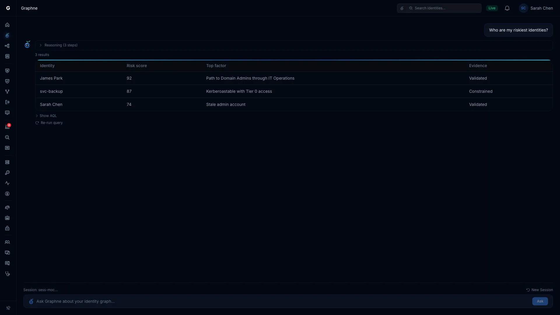 Graphne answering a question with a table of results, a collapsed Reasoning line and a link that shows the query