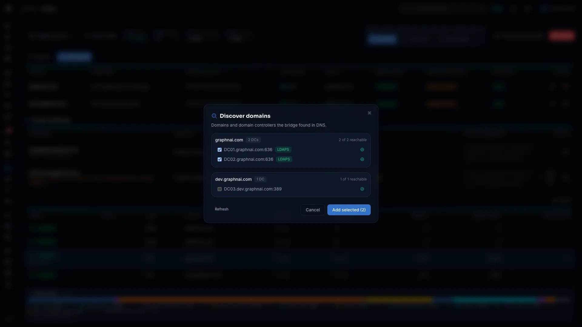 Discovery results with domains, their domain controllers and LDAPS badges
