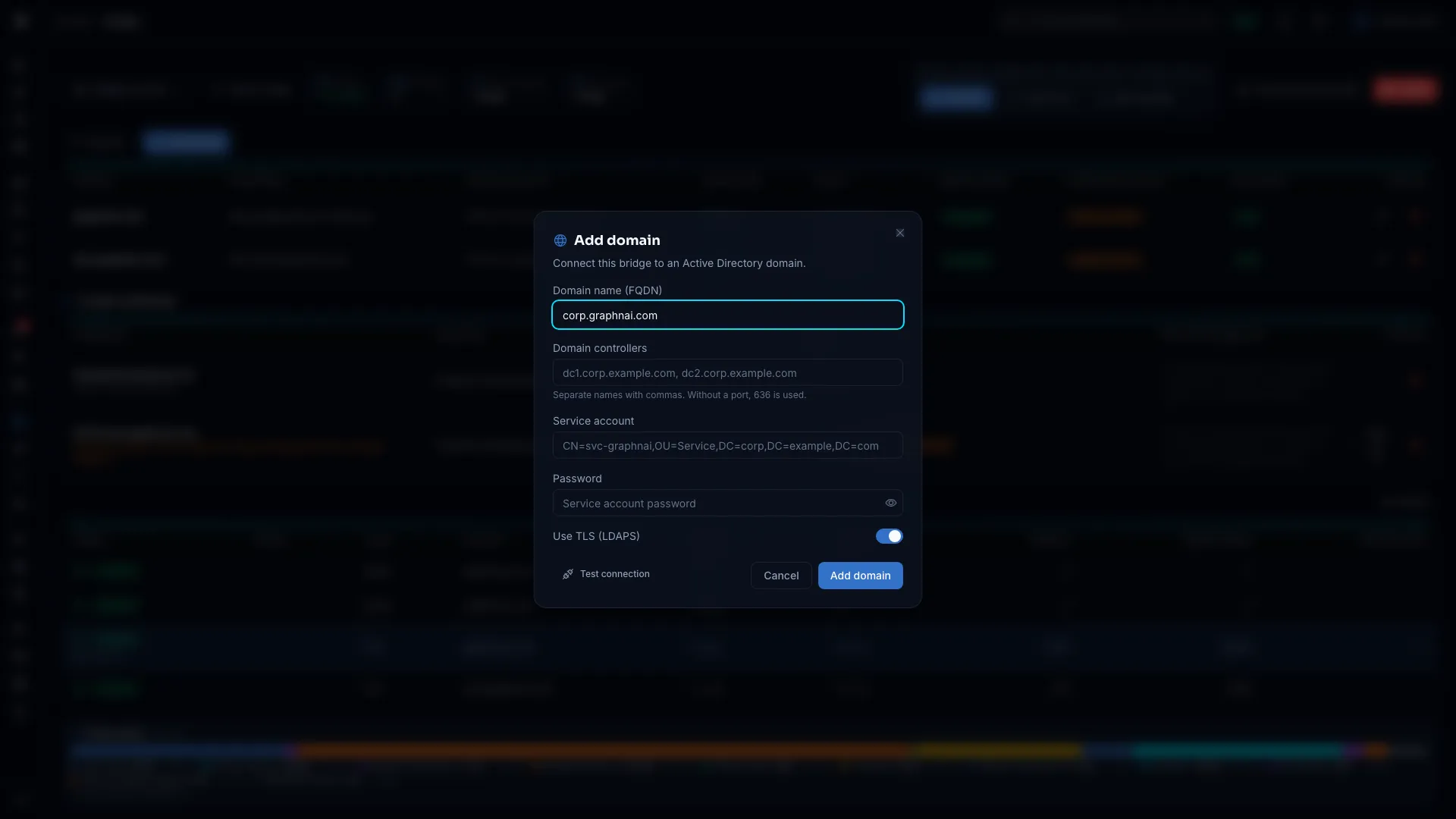 Domain form with the Test connection button