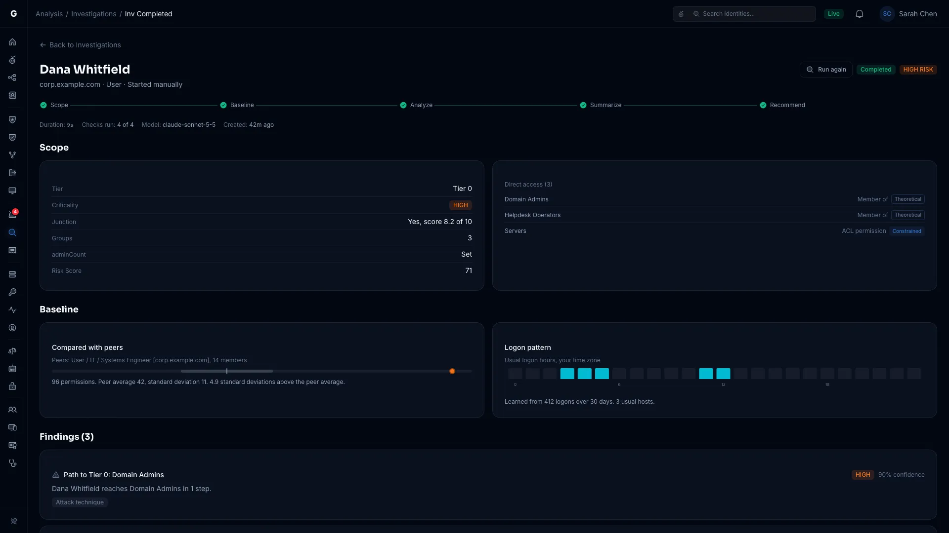 A completed investigation with findings, the summary and the Run again button