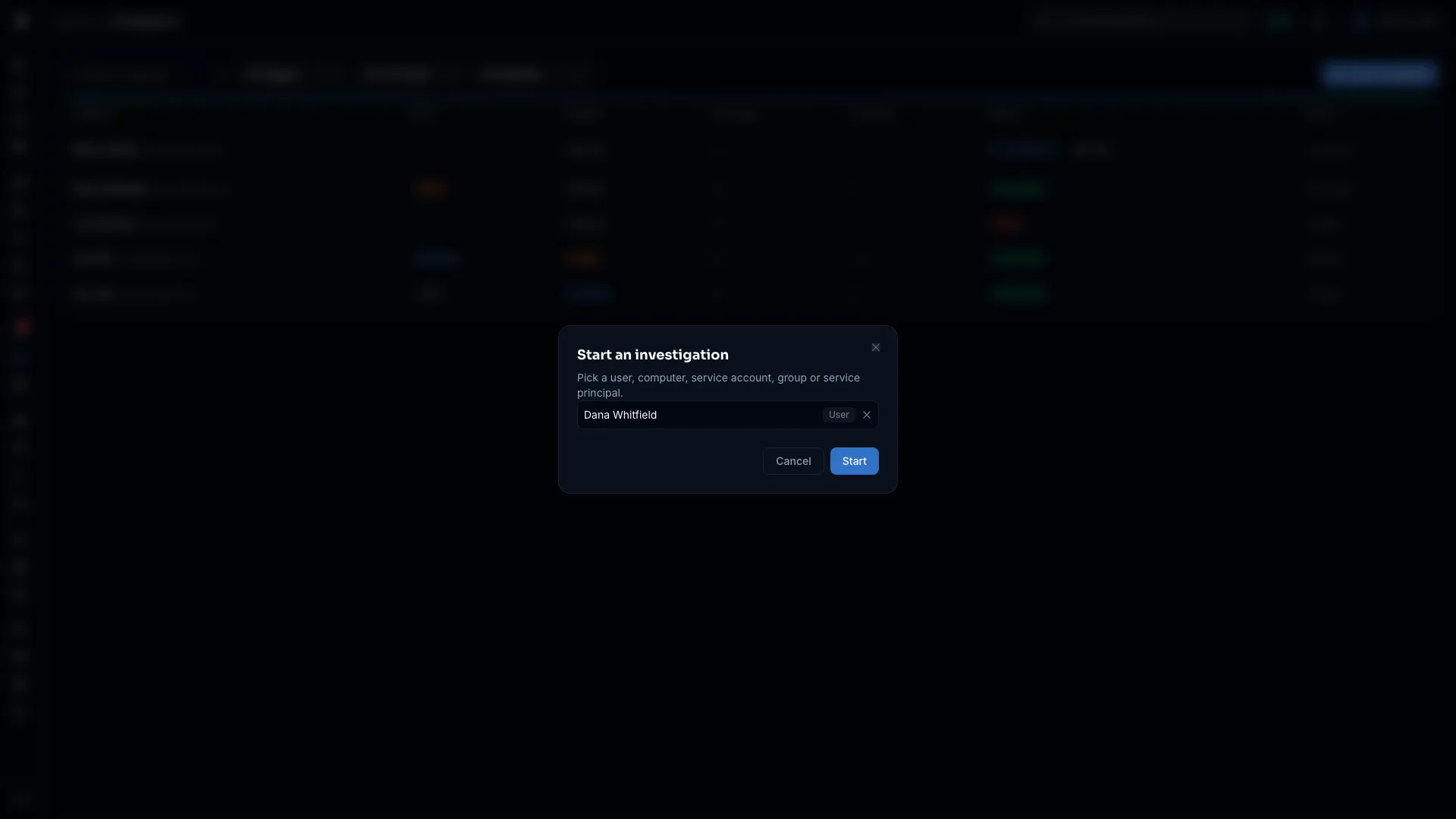 The Start an investigation dialog with an identity chosen