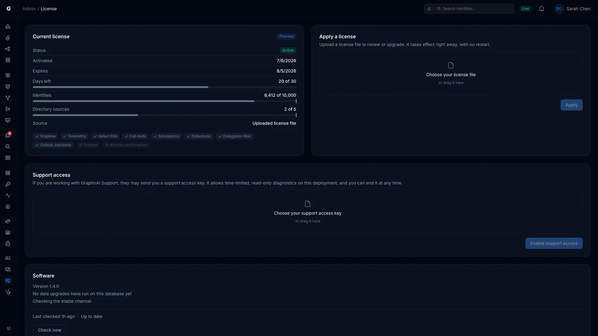 The Support access card with no key applied